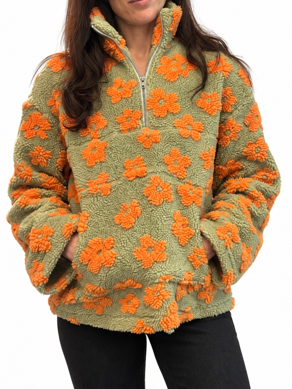 Floral Sherpa Fleece Pullover Jacket Green Orange Oversized Size S